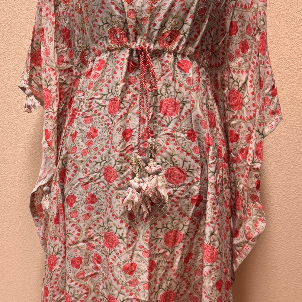Floral Red and White Embroidered Women's Kaftan Dress -M